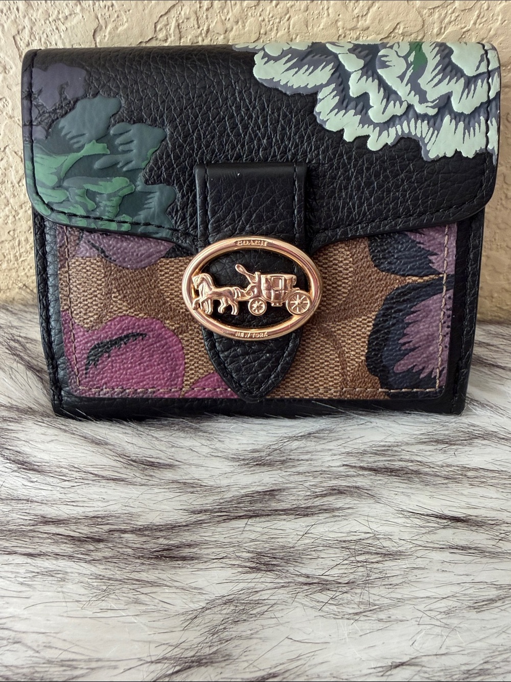 Coach Black Floral Signature Georgie Small Wallet with Rose Gold Hardware